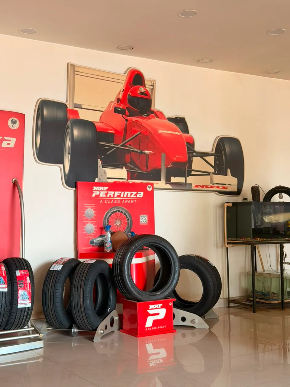 MRF tyres displayed at Hotwani Tyres in Bhilai
